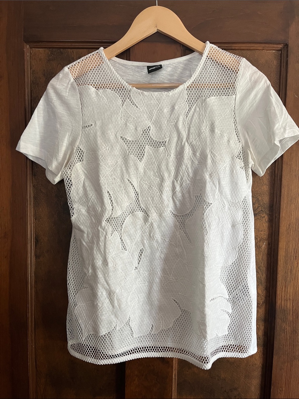 Women's White Short Sleeve Floral Mesh Overlay Tee